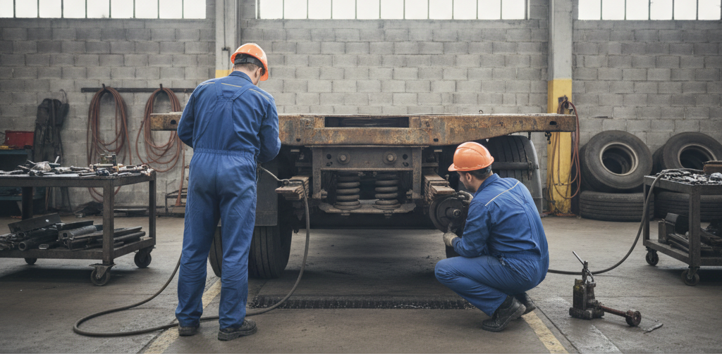 Create a realistic, professional service-business photograph showing Flatbed Trailer Repair from behind, with the backs of their heads visible. Do not show any faces, facial features, front-facing views or side views, profiles, or identifia