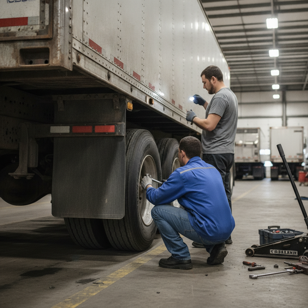 Create a realistic, professional service-business photograph showing Semi Trailer Repair from behind, with the backs of their heads visible. Do not show any faces, facial features, front-facing views or side views, profiles, or identifiable