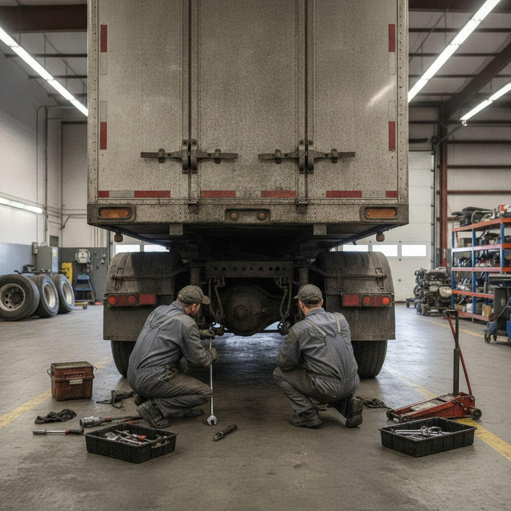 Create a realistic, professional service-business photograph showing Semi Truck Repair from behind, with the backs of their heads visible. Do not show any faces, facial features, front-facing views or side views, profiles, or identifiable p